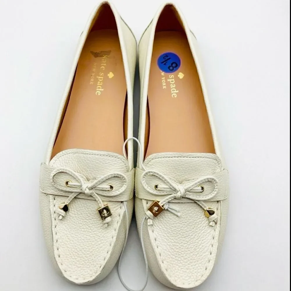 Kate Spade Sheshire Tie White Pebble Leather Bow Loafers Size 8,5B Like New